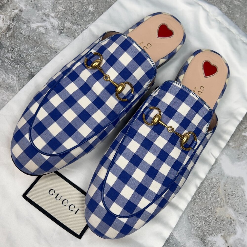 Gucci Princetown Horsebit Mules White Blue Plaid Fabric 4.5 UK 7.5 US 37.5 EUR